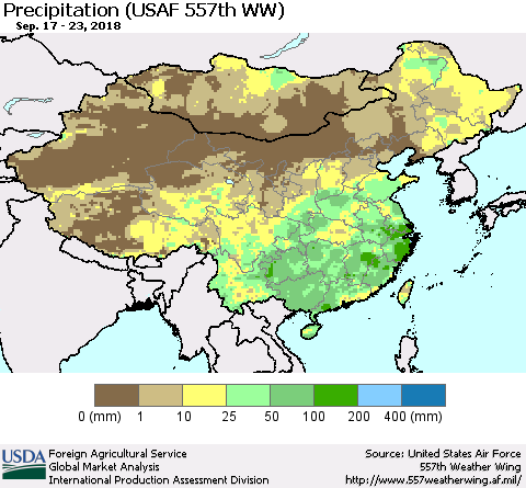 China, Mongolia and Taiwan Precipitation (USAF 557th WW) Thematic Map For 9/17/2018 - 9/23/2018