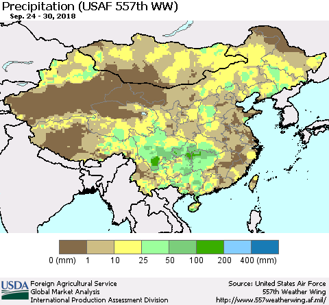 China, Mongolia and Taiwan Precipitation (USAF 557th WW) Thematic Map For 9/24/2018 - 9/30/2018