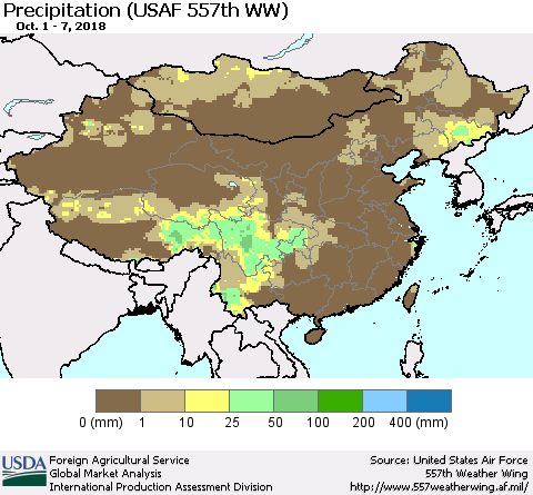 China, Mongolia and Taiwan Precipitation (USAF 557th WW) Thematic Map For 10/1/2018 - 10/7/2018