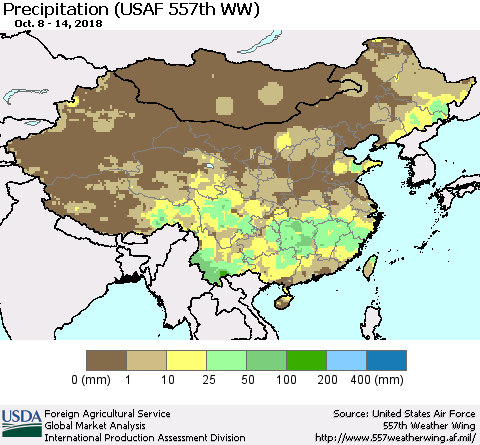 China, Mongolia and Taiwan Precipitation (USAF 557th WW) Thematic Map For 10/8/2018 - 10/14/2018