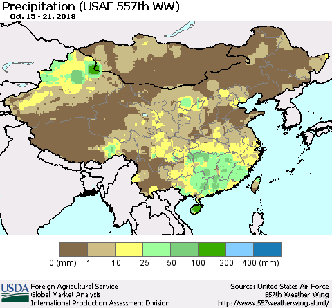 China, Mongolia and Taiwan Precipitation (USAF 557th WW) Thematic Map For 10/15/2018 - 10/21/2018