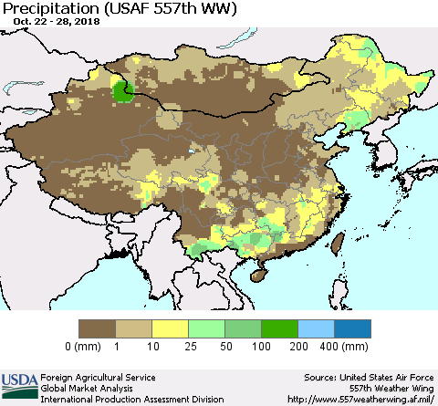 China, Mongolia and Taiwan Precipitation (USAF 557th WW) Thematic Map For 10/22/2018 - 10/28/2018
