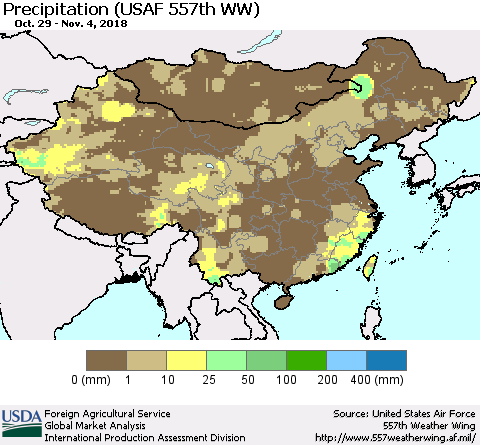 China, Mongolia and Taiwan Precipitation (USAF 557th WW) Thematic Map For 10/29/2018 - 11/4/2018