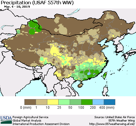 China, Mongolia and Taiwan Precipitation (USAF 557th WW) Thematic Map For 3/4/2019 - 3/10/2019