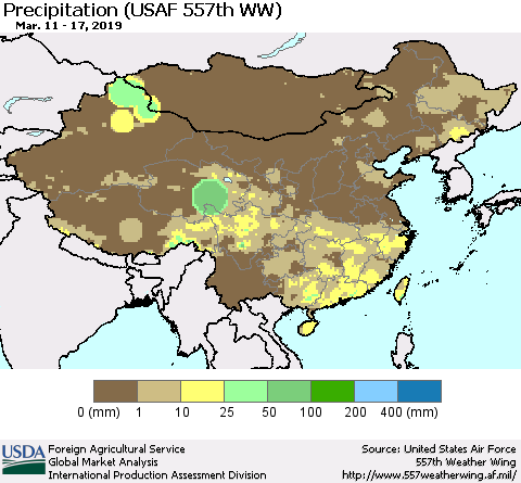 China, Mongolia and Taiwan Precipitation (USAF 557th WW) Thematic Map For 3/11/2019 - 3/17/2019