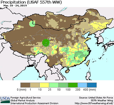 China, Mongolia and Taiwan Precipitation (USAF 557th WW) Thematic Map For 3/18/2019 - 3/24/2019