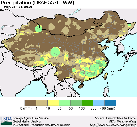 China, Mongolia and Taiwan Precipitation (USAF 557th WW) Thematic Map For 3/25/2019 - 3/31/2019