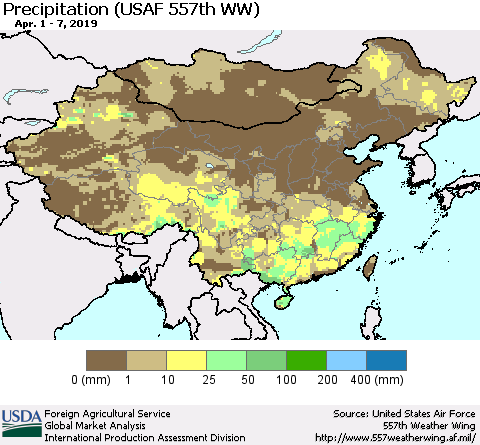 China, Mongolia and Taiwan Precipitation (USAF 557th WW) Thematic Map For 4/1/2019 - 4/7/2019