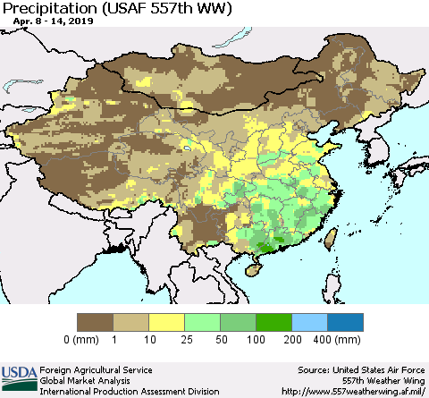 China, Mongolia and Taiwan Precipitation (USAF 557th WW) Thematic Map For 4/8/2019 - 4/14/2019