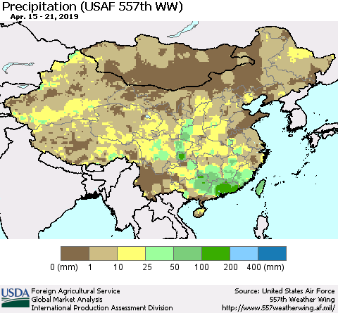 China, Mongolia and Taiwan Precipitation (USAF 557th WW) Thematic Map For 4/15/2019 - 4/21/2019