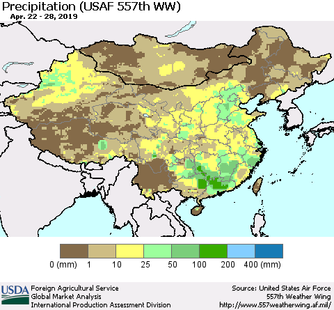 China, Mongolia and Taiwan Precipitation (USAF 557th WW) Thematic Map For 4/22/2019 - 4/28/2019