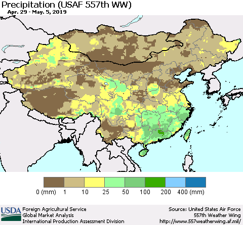China, Mongolia and Taiwan Precipitation (USAF 557th WW) Thematic Map For 4/29/2019 - 5/5/2019