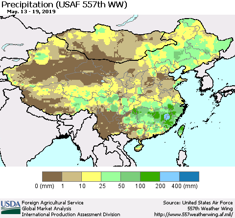 China, Mongolia and Taiwan Precipitation (USAF 557th WW) Thematic Map For 5/13/2019 - 5/19/2019
