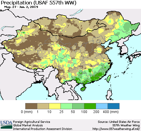 China, Mongolia and Taiwan Precipitation (USAF 557th WW) Thematic Map For 5/27/2019 - 6/2/2019