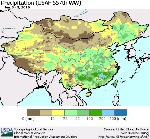 China, Mongolia and Taiwan Precipitation (USAF 557th WW) Thematic Map For 6/3/2019 - 6/9/2019