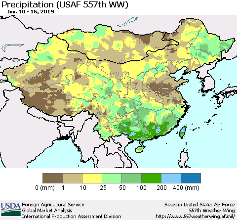 China, Mongolia and Taiwan Precipitation (USAF 557th WW) Thematic Map For 6/10/2019 - 6/16/2019