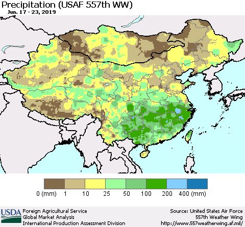 China, Mongolia and Taiwan Precipitation (USAF 557th WW) Thematic Map For 6/17/2019 - 6/23/2019