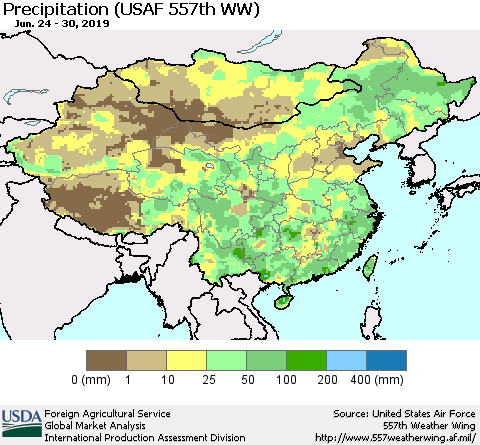 China, Mongolia and Taiwan Precipitation (USAF 557th WW) Thematic Map For 6/24/2019 - 6/30/2019