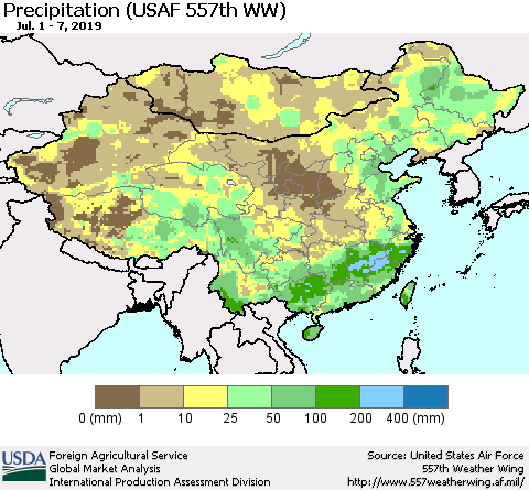 China, Mongolia and Taiwan Precipitation (USAF 557th WW) Thematic Map For 7/1/2019 - 7/7/2019