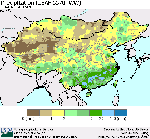 China, Mongolia and Taiwan Precipitation (USAF 557th WW) Thematic Map For 7/8/2019 - 7/14/2019