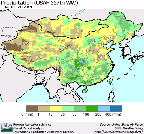 China, Mongolia and Taiwan Precipitation (USAF 557th WW) Thematic Map For 7/15/2019 - 7/21/2019