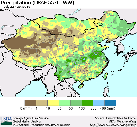 China, Mongolia and Taiwan Precipitation (USAF 557th WW) Thematic Map For 7/22/2019 - 7/28/2019