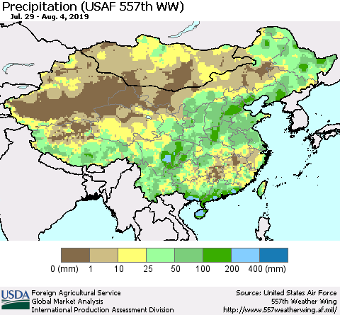 China, Mongolia and Taiwan Precipitation (USAF 557th WW) Thematic Map For 7/29/2019 - 8/4/2019