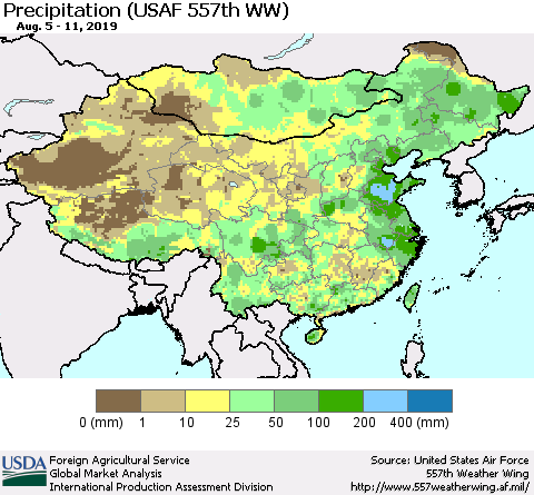 China, Mongolia and Taiwan Precipitation (USAF 557th WW) Thematic Map For 8/5/2019 - 8/11/2019