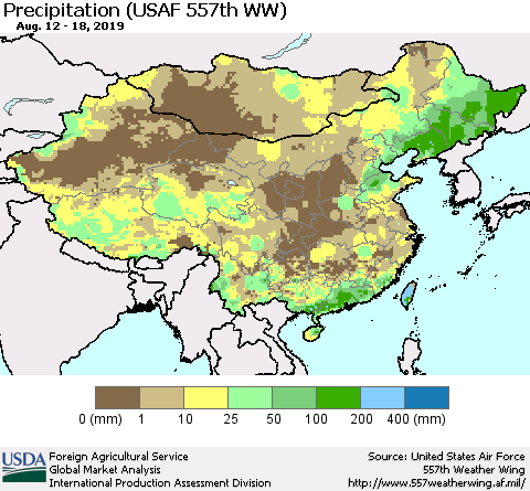 China, Mongolia and Taiwan Precipitation (USAF 557th WW) Thematic Map For 8/12/2019 - 8/18/2019