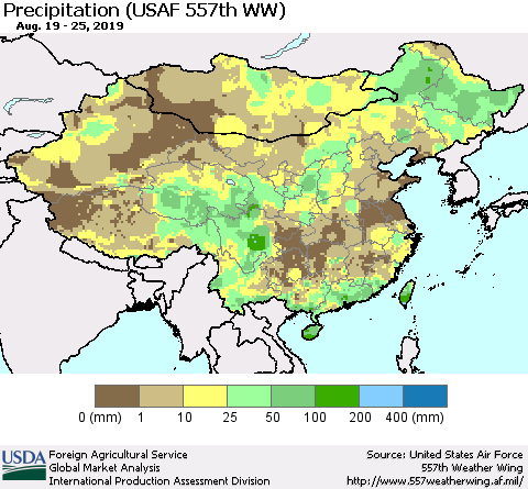 China, Mongolia and Taiwan Precipitation (USAF 557th WW) Thematic Map For 8/19/2019 - 8/25/2019