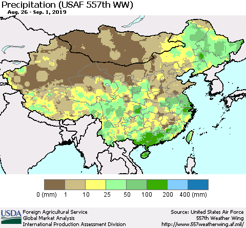 China, Mongolia and Taiwan Precipitation (USAF 557th WW) Thematic Map For 8/26/2019 - 9/1/2019