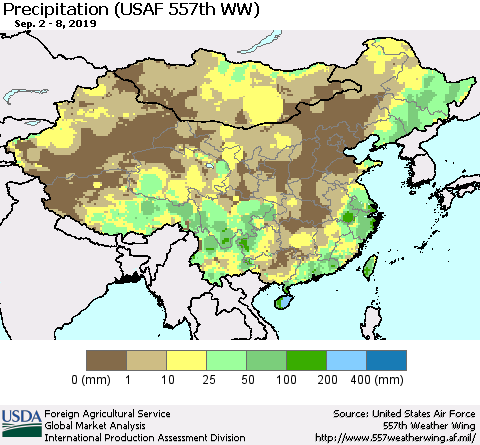China, Mongolia and Taiwan Precipitation (USAF 557th WW) Thematic Map For 9/2/2019 - 9/8/2019