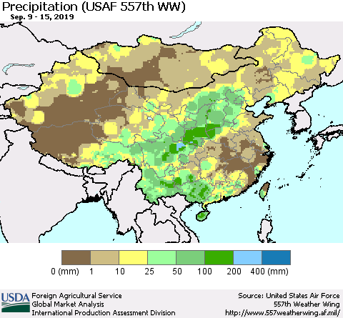 China, Mongolia and Taiwan Precipitation (USAF 557th WW) Thematic Map For 9/9/2019 - 9/15/2019