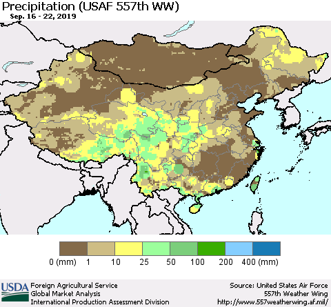 China, Mongolia and Taiwan Precipitation (USAF 557th WW) Thematic Map For 9/16/2019 - 9/22/2019