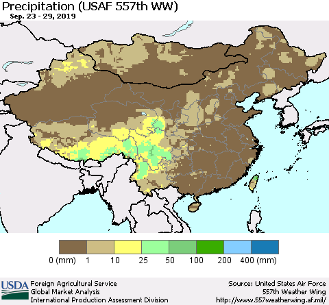 China, Mongolia and Taiwan Precipitation (USAF 557th WW) Thematic Map For 9/23/2019 - 9/29/2019