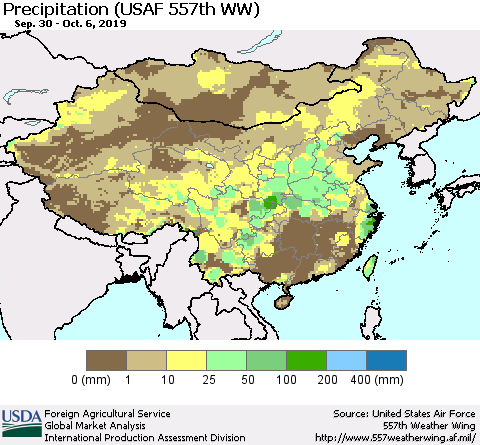 China, Mongolia and Taiwan Precipitation (USAF 557th WW) Thematic Map For 9/30/2019 - 10/6/2019