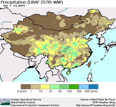 China, Mongolia and Taiwan Precipitation (USAF 557th WW) Thematic Map For 10/7/2019 - 10/13/2019