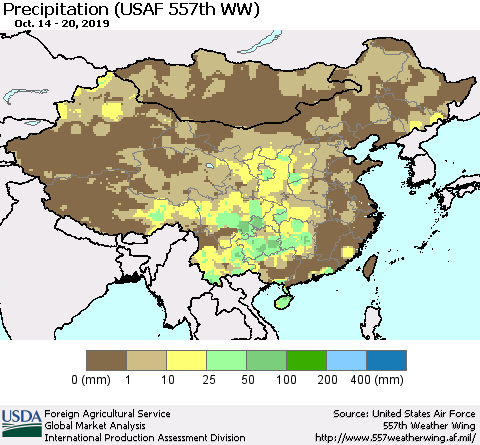 China, Mongolia and Taiwan Precipitation (USAF 557th WW) Thematic Map For 10/14/2019 - 10/20/2019