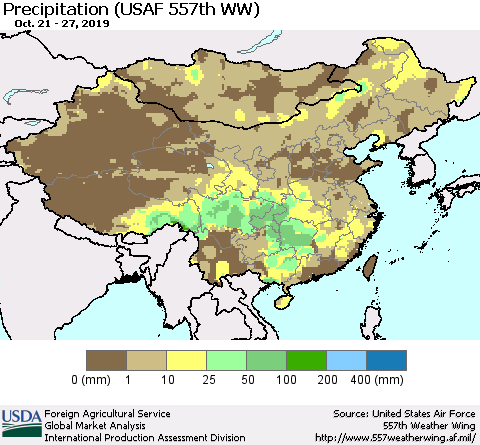 China, Mongolia and Taiwan Precipitation (USAF 557th WW) Thematic Map For 10/21/2019 - 10/27/2019
