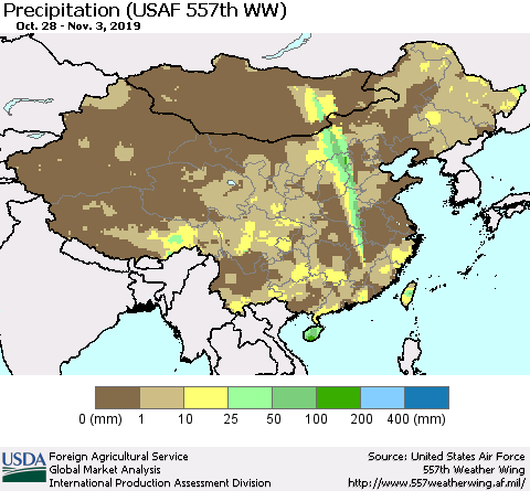 China, Mongolia and Taiwan Precipitation (USAF 557th WW) Thematic Map For 10/28/2019 - 11/3/2019