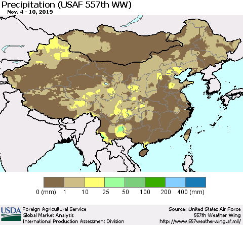 China, Mongolia and Taiwan Precipitation (USAF 557th WW) Thematic Map For 11/4/2019 - 11/10/2019