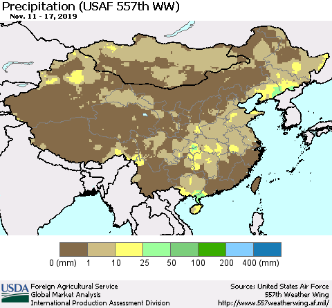 China, Mongolia and Taiwan Precipitation (USAF 557th WW) Thematic Map For 11/11/2019 - 11/17/2019