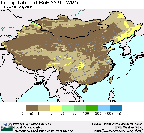 China, Mongolia and Taiwan Precipitation (USAF 557th WW) Thematic Map For 11/18/2019 - 11/24/2019