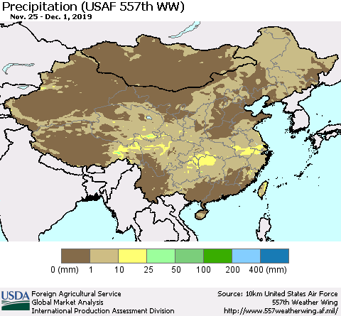 China, Mongolia and Taiwan Precipitation (USAF 557th WW) Thematic Map For 11/25/2019 - 12/1/2019