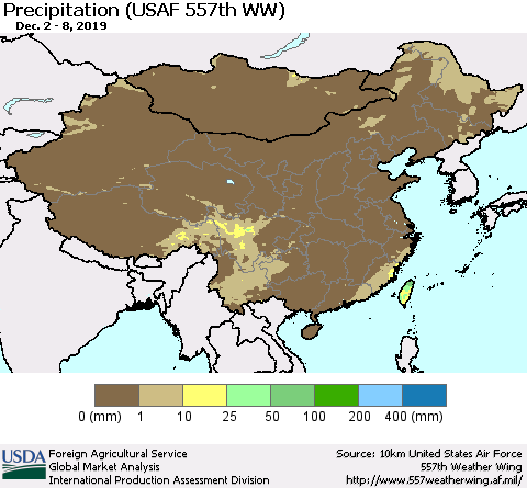China, Mongolia and Taiwan Precipitation (USAF 557th WW) Thematic Map For 12/2/2019 - 12/8/2019