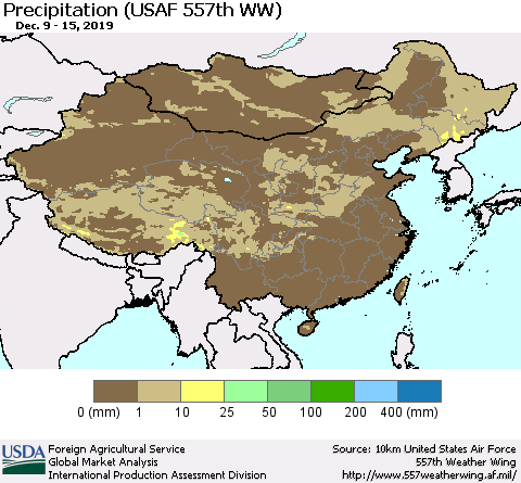 China, Mongolia and Taiwan Precipitation (USAF 557th WW) Thematic Map For 12/9/2019 - 12/15/2019