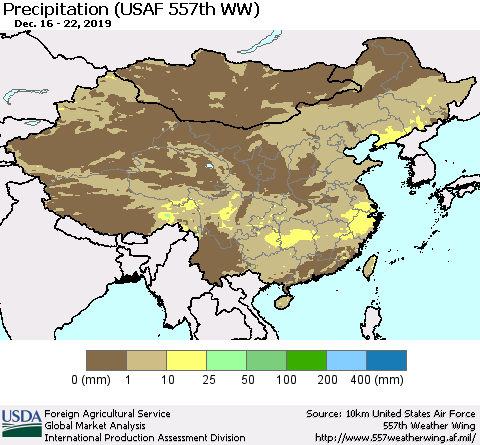 China, Mongolia and Taiwan Precipitation (USAF 557th WW) Thematic Map For 12/16/2019 - 12/22/2019