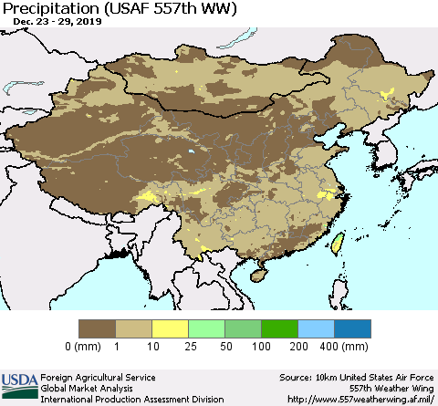 China, Mongolia and Taiwan Precipitation (USAF 557th WW) Thematic Map For 12/23/2019 - 12/29/2019