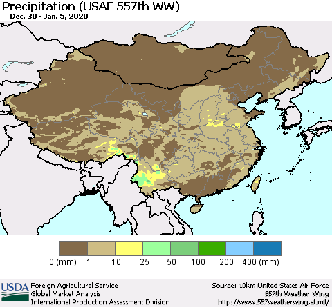 China, Mongolia and Taiwan Precipitation (USAF 557th WW) Thematic Map For 12/30/2019 - 1/5/2020
