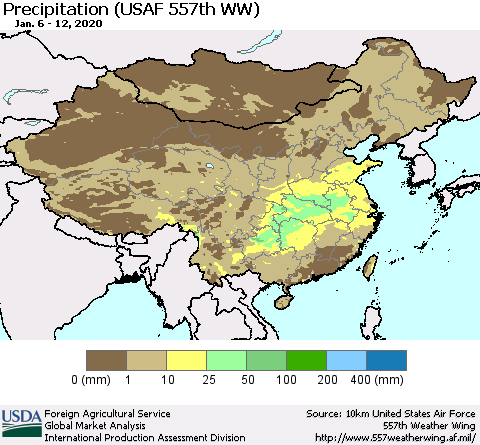 China, Mongolia and Taiwan Precipitation (USAF 557th WW) Thematic Map For 1/6/2020 - 1/12/2020